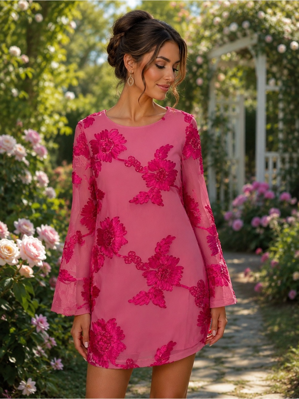 Sheer Pink Dress with Hot Pink Floral Appliqué